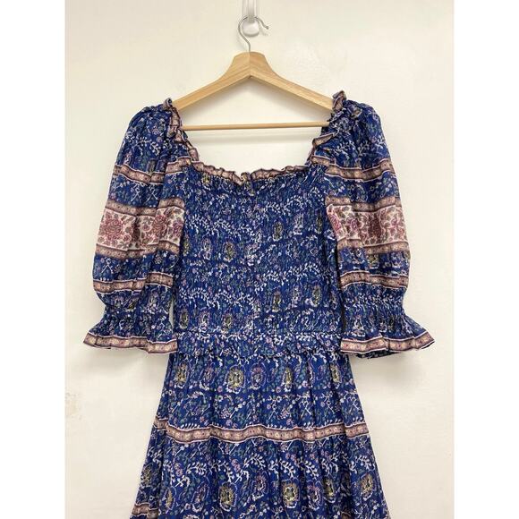 SEA New York Rosita Smocked Square Neck Puff-Sleeve Cotton Print Midi Dress XS - Picture 6 of 13